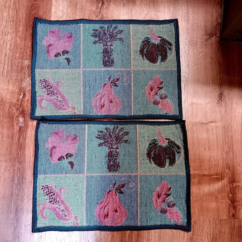 Colorful Fabric Tapestry Placemats Set 2 Fall Harvest Thanksgiving Dinner Linens